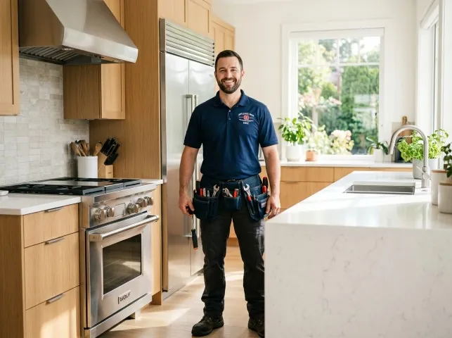 Appliance Repair Hero technician in a Alpine, NJ kitchen after an appliance repair
