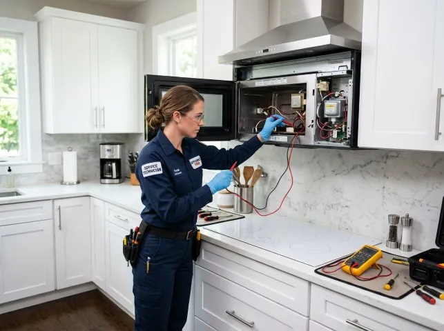 Appliance Repair Hero technician testing an over-the-range microwave in a Alpine, NJ kitchen